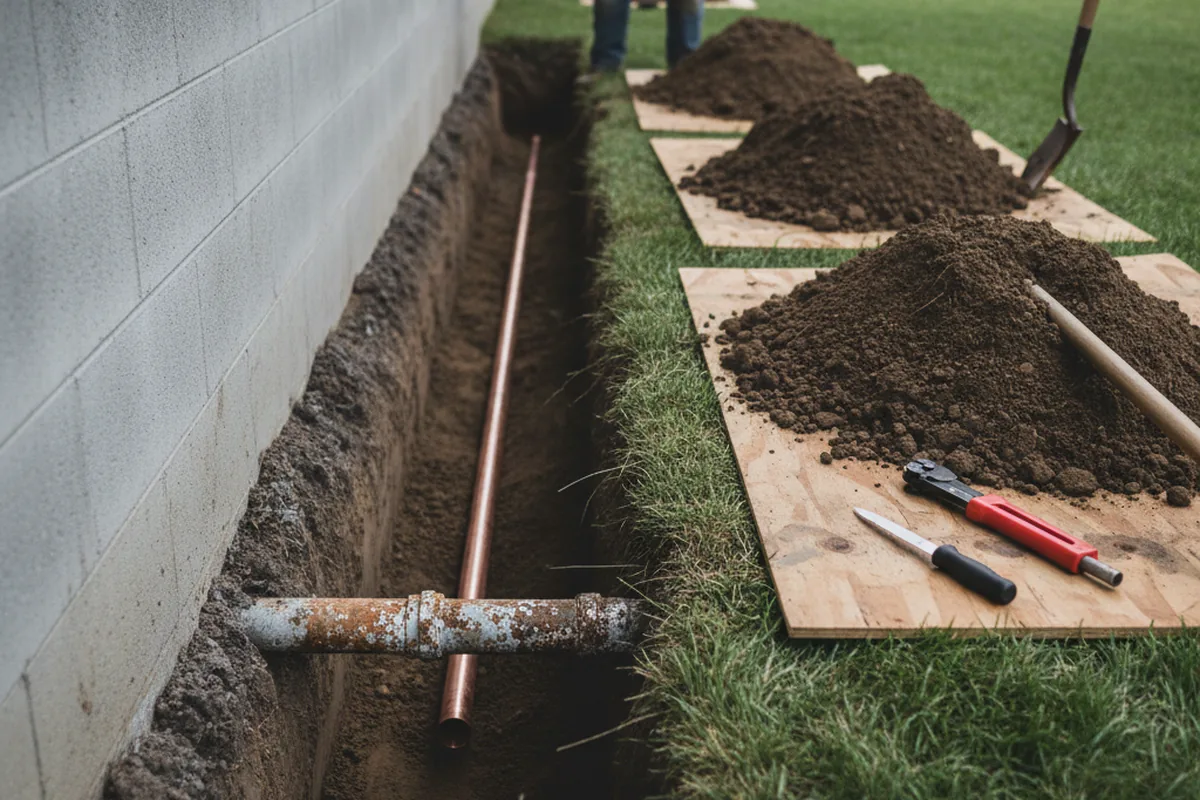Excavated water line trench during Water Heater Repair in Dalton